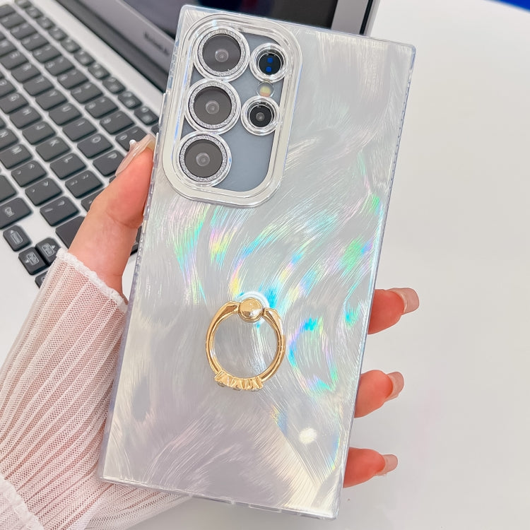 For Samsung Galaxy S23 Ultra 5G Plating Glitter Texture Ring Holder TPU Phone Case with Lens Film