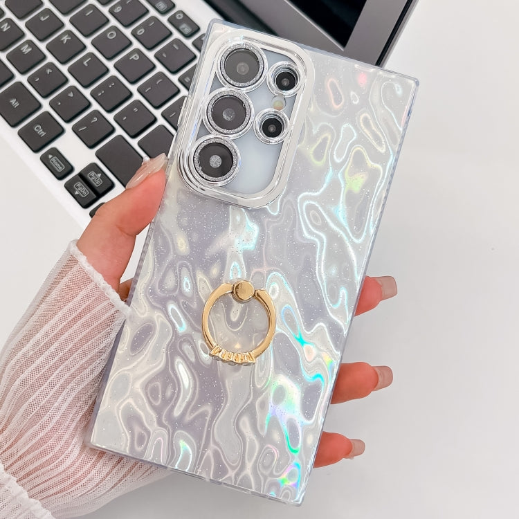 For Samsung Galaxy S23 Ultra 5G Plating Glitter Texture Ring Holder TPU Phone Case with Lens Film