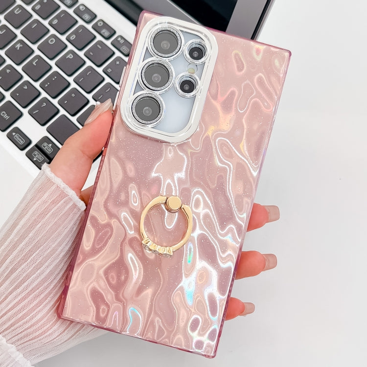 For Samsung Galaxy S23 Ultra 5G Plating Glitter Texture Ring Holder TPU Phone Case with Lens Film
