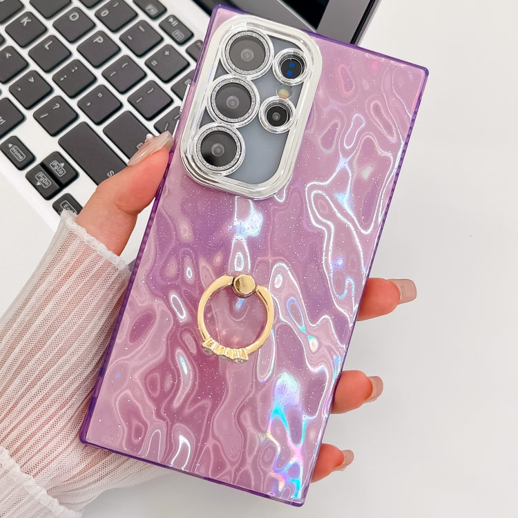 For Samsung Galaxy S23 Ultra 5G Plating Glitter Texture Ring Holder TPU Phone Case with Lens Film