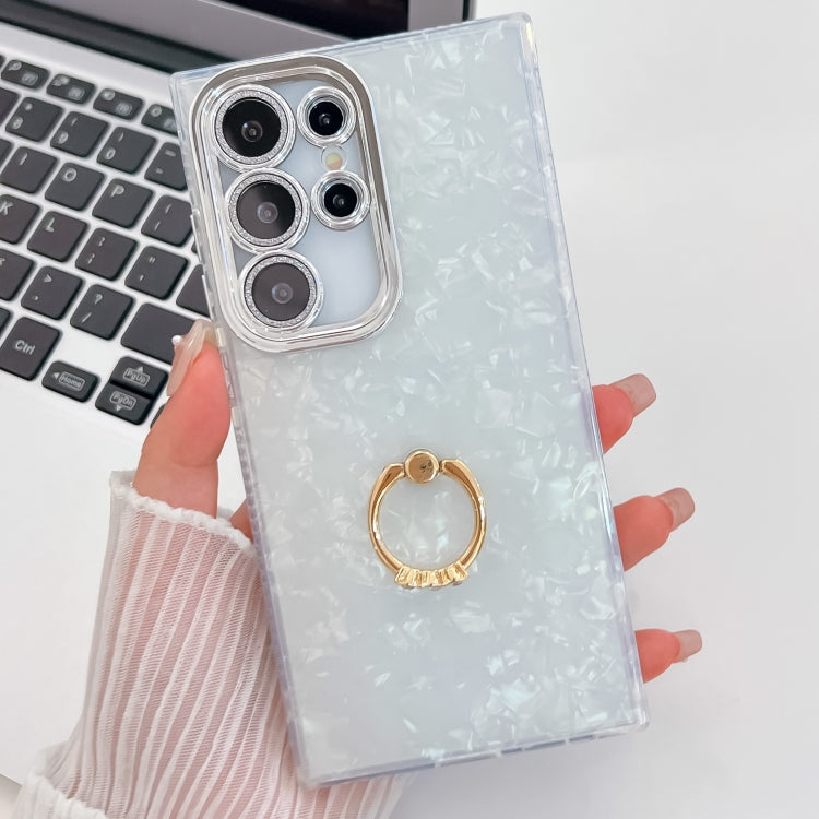 For Samsung Galaxy S25 Ultra 5G Plating Glitter Texture Ring Holder TPU Phone Case with Lens Film