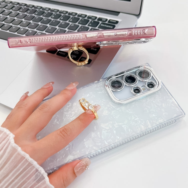 For Samsung Galaxy S24 FE 5G Plating Glitter Texture Ring Holder TPU Phone Case with Lens Film