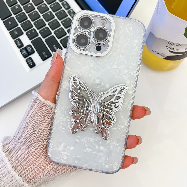 For iPhone 16 Pro Max Plating Glitter Texture Butterfly Holder TPU Phone Case with Lens Film