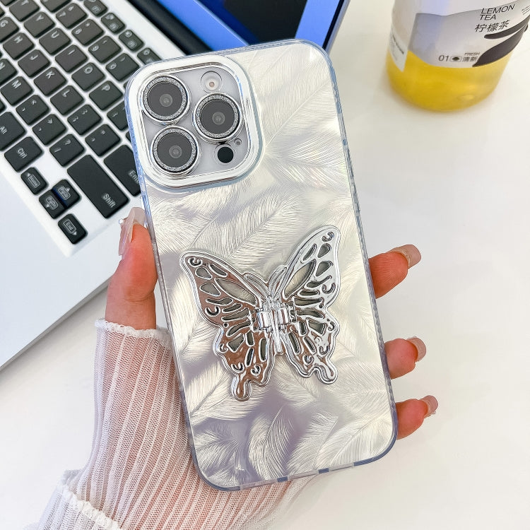 For iPhone 16 Pro Max Plating Glitter Texture Butterfly Holder TPU Phone Case with Lens Film