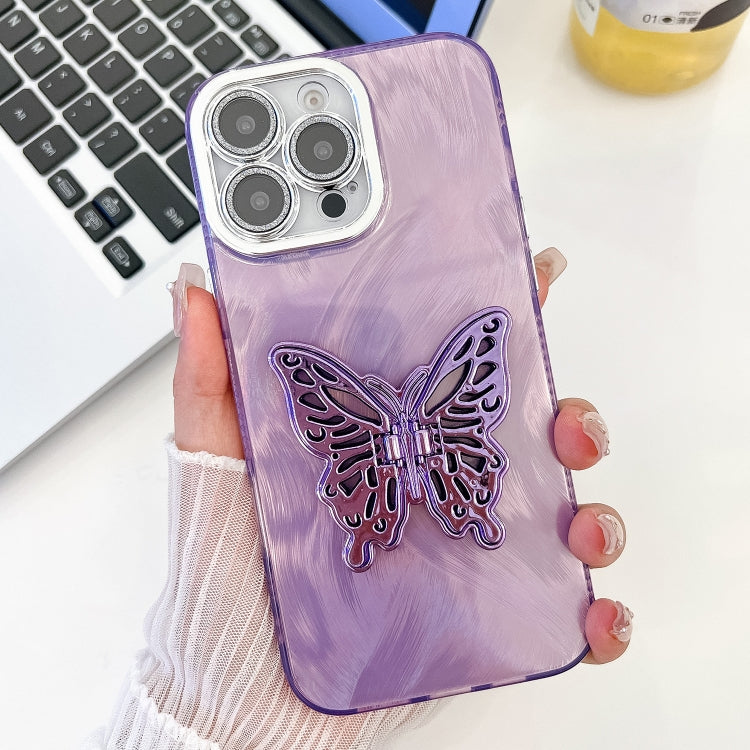For iPhone 16 Pro Max Plating Glitter Texture Butterfly Holder TPU Phone Case with Lens Film