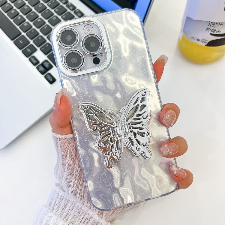 For iPhone 16 Pro Max Plating Glitter Texture Butterfly Holder TPU Phone Case with Lens Film