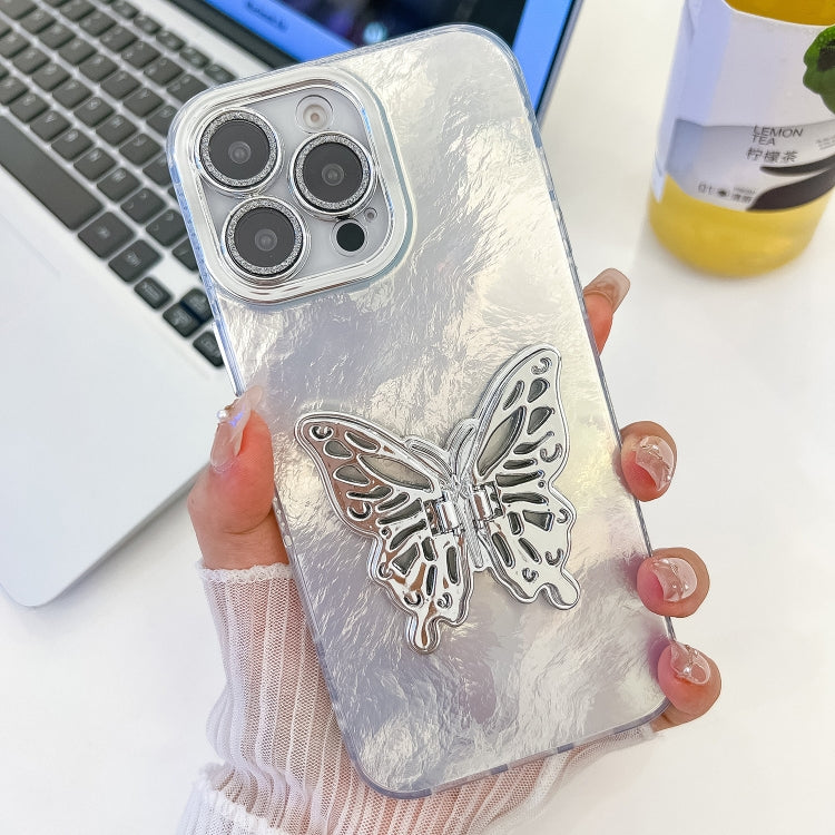 For iPhone 16 Pro Max Plating Glitter Texture Butterfly Holder TPU Phone Case with Lens Film