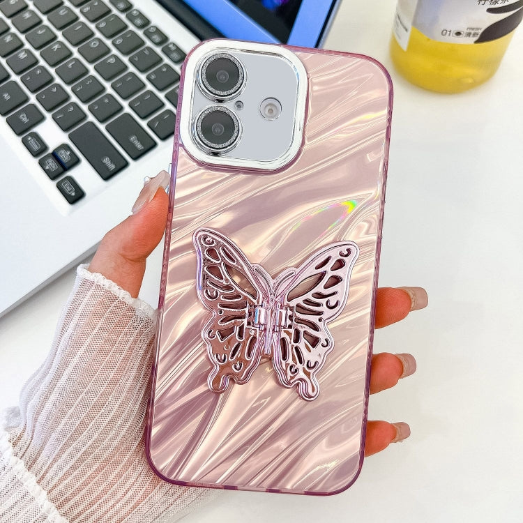 For iPhone 16 Plus Plating Glitter Texture Butterfly Holder TPU Phone Case with Lens Film