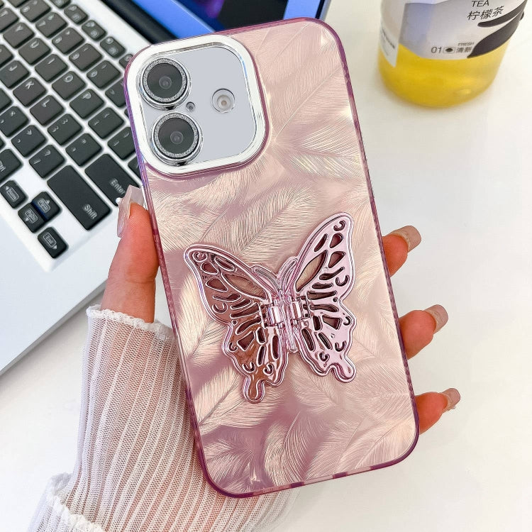 For iPhone 16 Plus Plating Glitter Texture Butterfly Holder TPU Phone Case with Lens Film