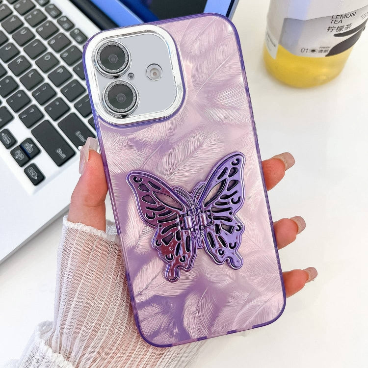 For iPhone 16 Plus Plating Glitter Texture Butterfly Holder TPU Phone Case with Lens Film