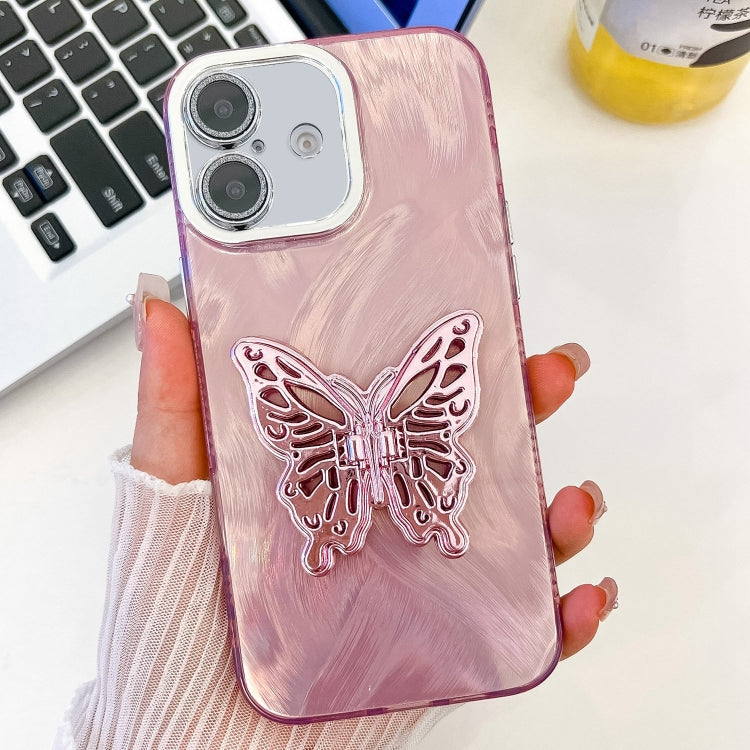 For iPhone 16 Plus Plating Glitter Texture Butterfly Holder TPU Phone Case with Lens Film