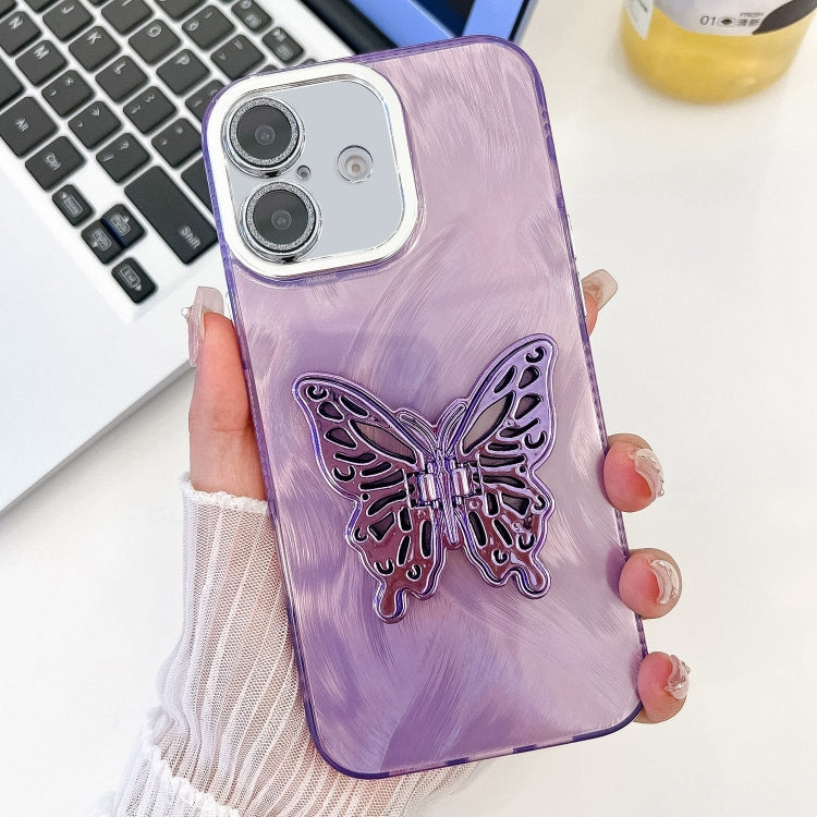 For iPhone 16 Plus Plating Glitter Texture Butterfly Holder TPU Phone Case with Lens Film
