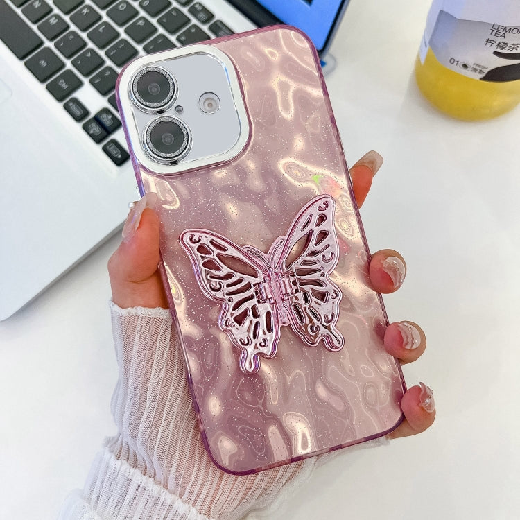 For iPhone 16 Plus Plating Glitter Texture Butterfly Holder TPU Phone Case with Lens Film