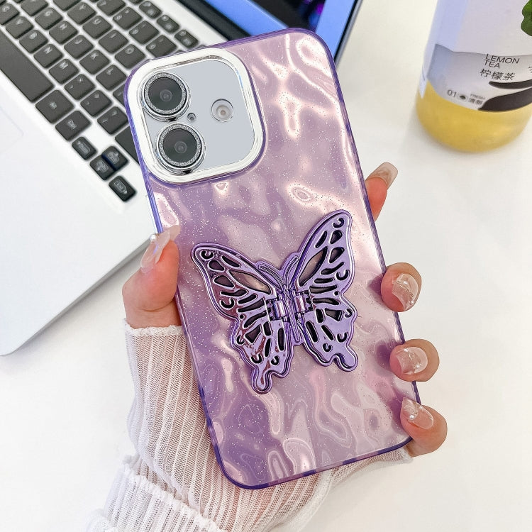 For iPhone 16 Plus Plating Glitter Texture Butterfly Holder TPU Phone Case with Lens Film