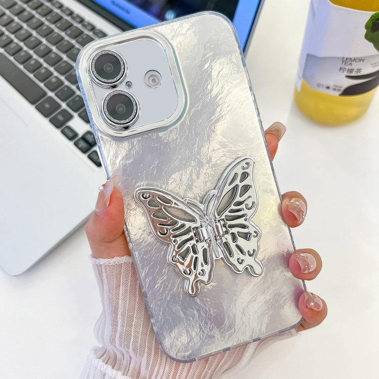 For iPhone 16 Plus Plating Glitter Texture Butterfly Holder TPU Phone Case with Lens Film