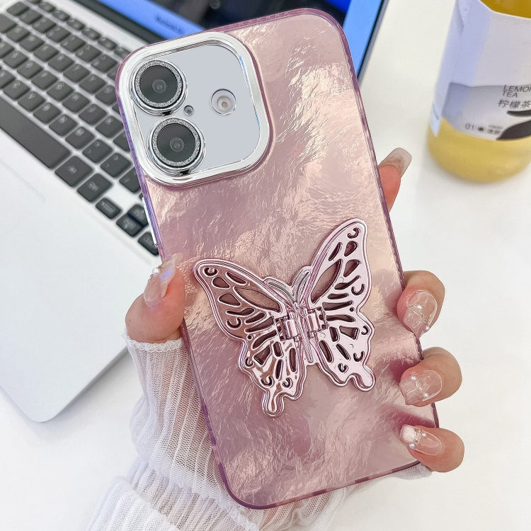 For iPhone 16 Plus Plating Glitter Texture Butterfly Holder TPU Phone Case with Lens Film