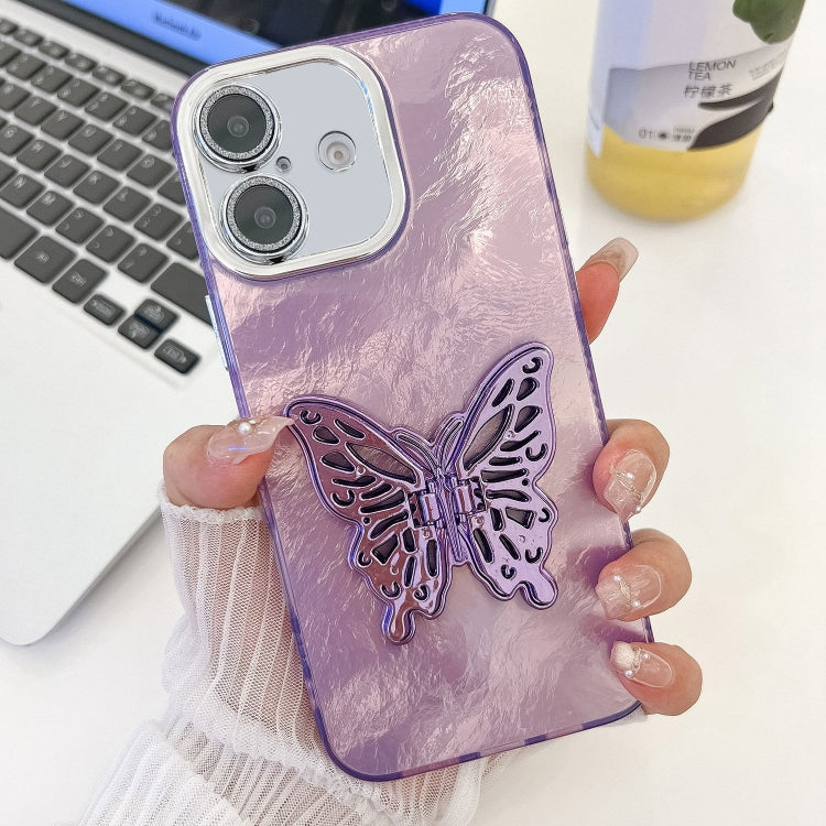 For iPhone 16 Plus Plating Glitter Texture Butterfly Holder TPU Phone Case with Lens Film