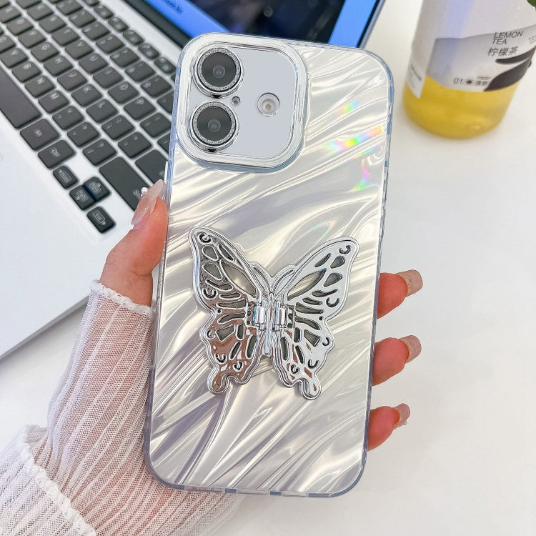 For iPhone 16 Plating Glitter Texture Butterfly Holder TPU Phone Case with Lens Film