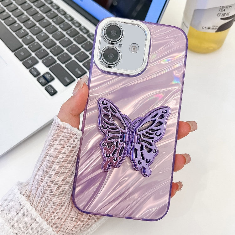 For iPhone 16 Plating Glitter Texture Butterfly Holder TPU Phone Case with Lens Film
