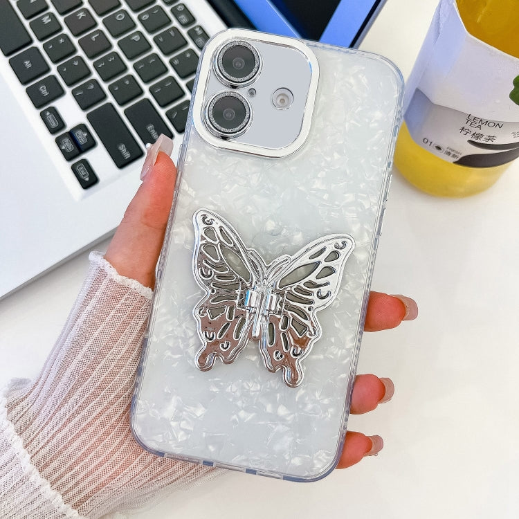 For iPhone 16 Plating Glitter Texture Butterfly Holder TPU Phone Case with Lens Film