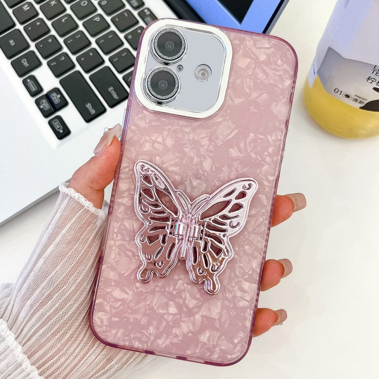 For iPhone 16 Plating Glitter Texture Butterfly Holder TPU Phone Case with Lens Film