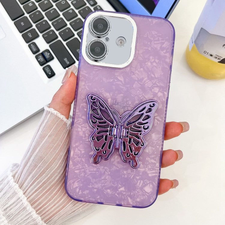For iPhone 16 Plating Glitter Texture Butterfly Holder TPU Phone Case with Lens Film