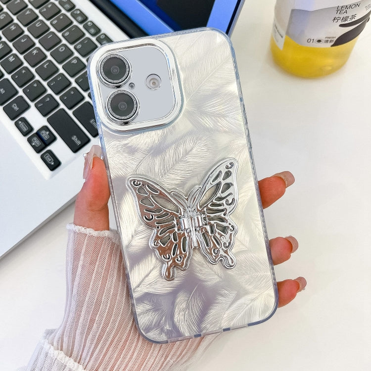 For iPhone 16 Plating Glitter Texture Butterfly Holder TPU Phone Case with Lens Film
