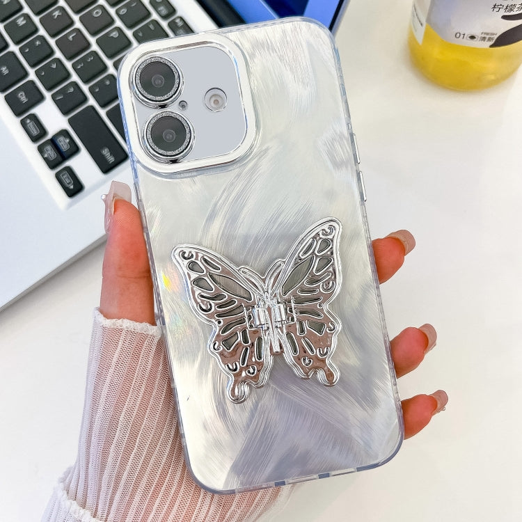 For iPhone 16 Plating Glitter Texture Butterfly Holder TPU Phone Case with Lens Film