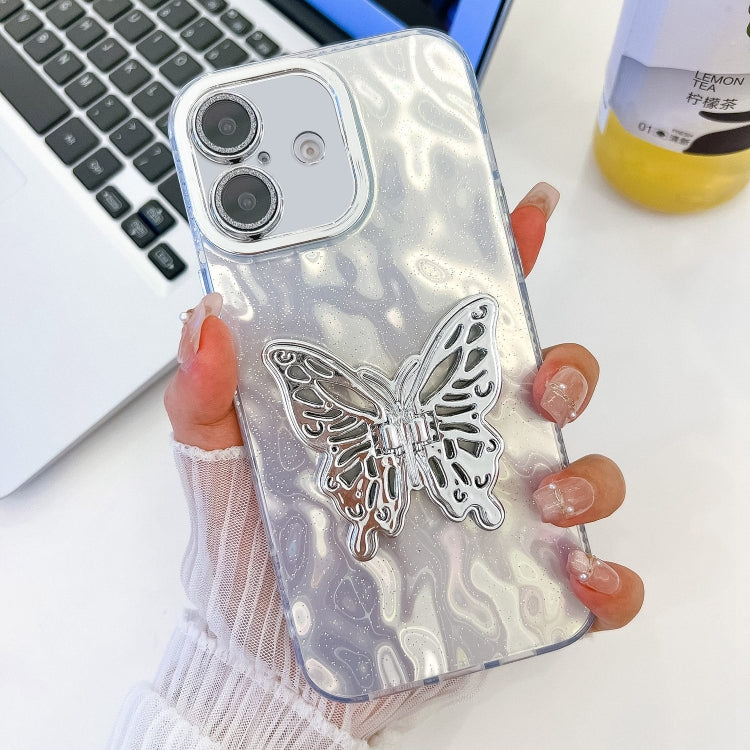 For iPhone 16 Plating Glitter Texture Butterfly Holder TPU Phone Case with Lens Film