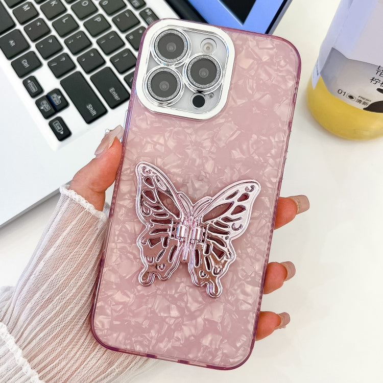 For iPhone 15 Pro Max Plating Glitter Texture Butterfly Holder TPU Phone Case with Lens Film