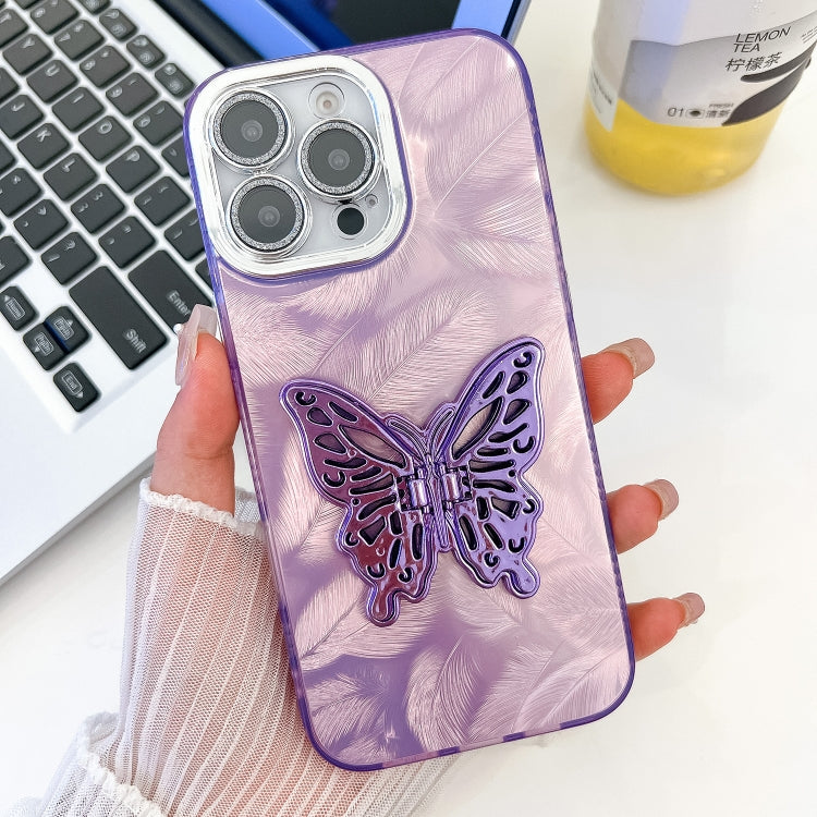 For iPhone 15 Pro Plating Glitter Texture Butterfly Holder TPU Phone Case with Lens Film
