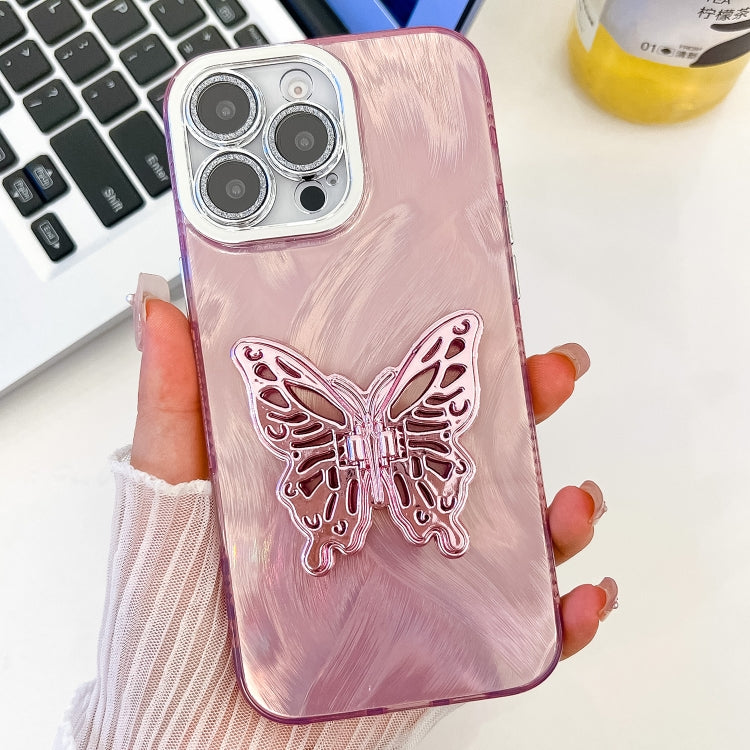 For iPhone 15 Pro Plating Glitter Texture Butterfly Holder TPU Phone Case with Lens Film
