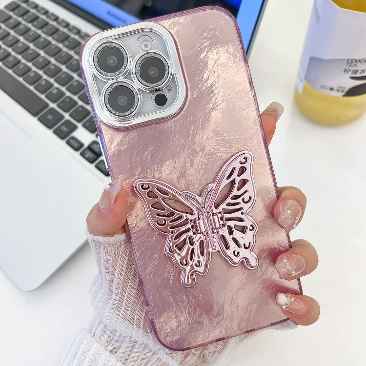 For iPhone 15 Pro Plating Glitter Texture Butterfly Holder TPU Phone Case with Lens Film