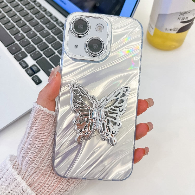 For iPhone 15 Plating Glitter Texture Butterfly Holder TPU Phone Case with Lens Film