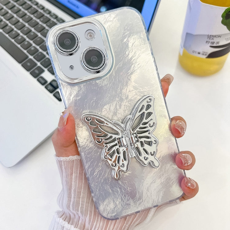 For iPhone 15 Plating Glitter Texture Butterfly Holder TPU Phone Case with Lens Film
