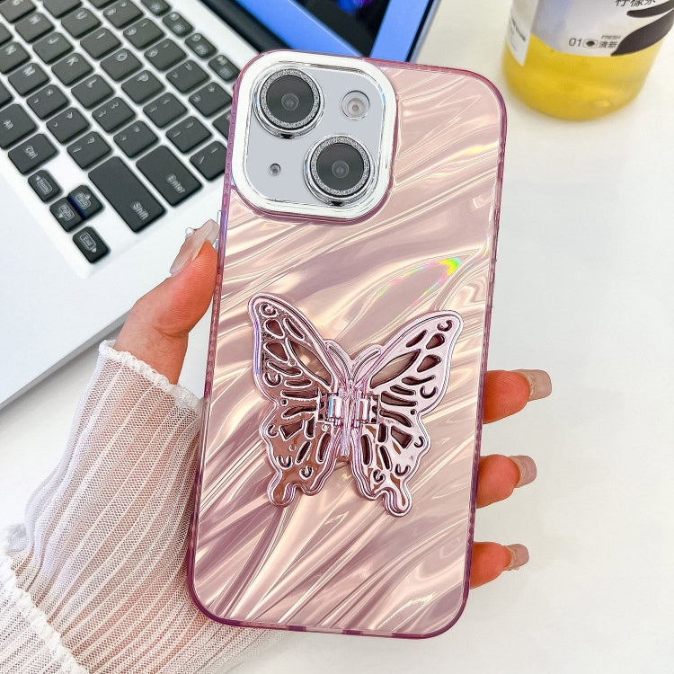 For iPhone 14 Plating Glitter Texture Butterfly Holder TPU Phone Case with Lens Film