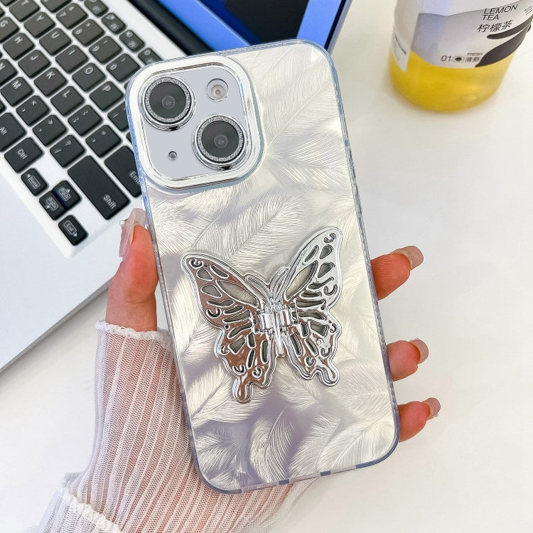 For iPhone 14 Plating Glitter Texture Butterfly Holder TPU Phone Case with Lens Film