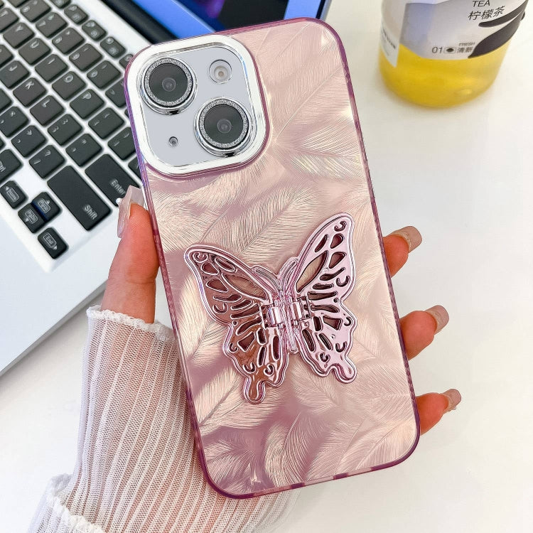 For iPhone 14 Plating Glitter Texture Butterfly Holder TPU Phone Case with Lens Film