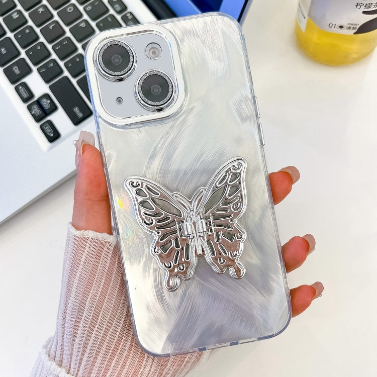 For iPhone 14 Plating Glitter Texture Butterfly Holder TPU Phone Case with Lens Film