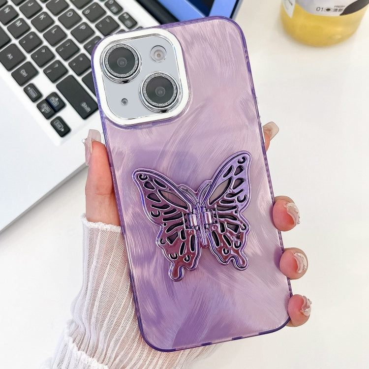 For iPhone 14 Plating Glitter Texture Butterfly Holder TPU Phone Case with Lens Film