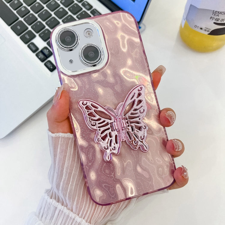 For iPhone 14 Plating Glitter Texture Butterfly Holder TPU Phone Case with Lens Film