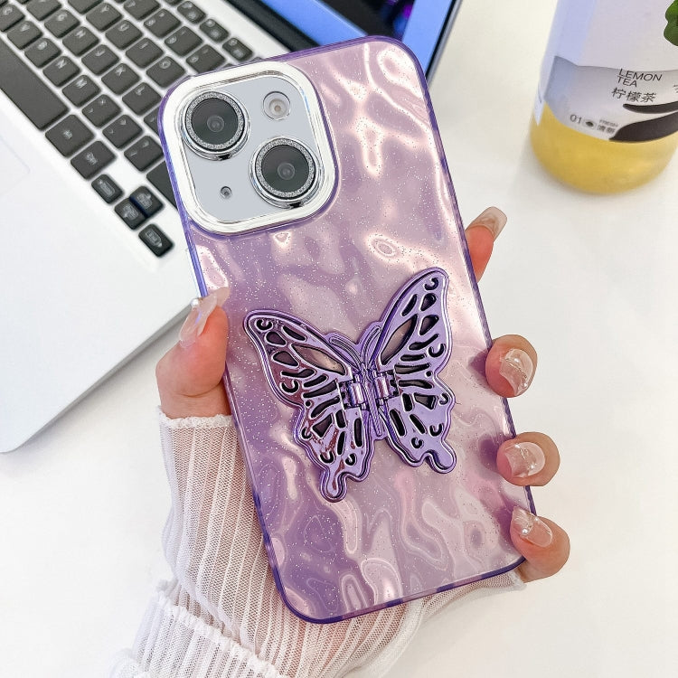 For iPhone 14 Plating Glitter Texture Butterfly Holder TPU Phone Case with Lens Film