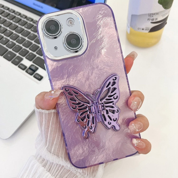 For iPhone 14 Plating Glitter Texture Butterfly Holder TPU Phone Case with Lens Film