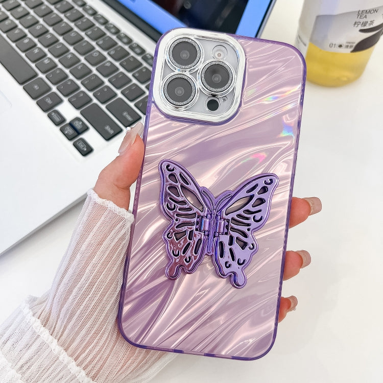 For iPhone 14 Pro Plating Glitter Texture Butterfly Holder TPU Phone Case with Lens Film