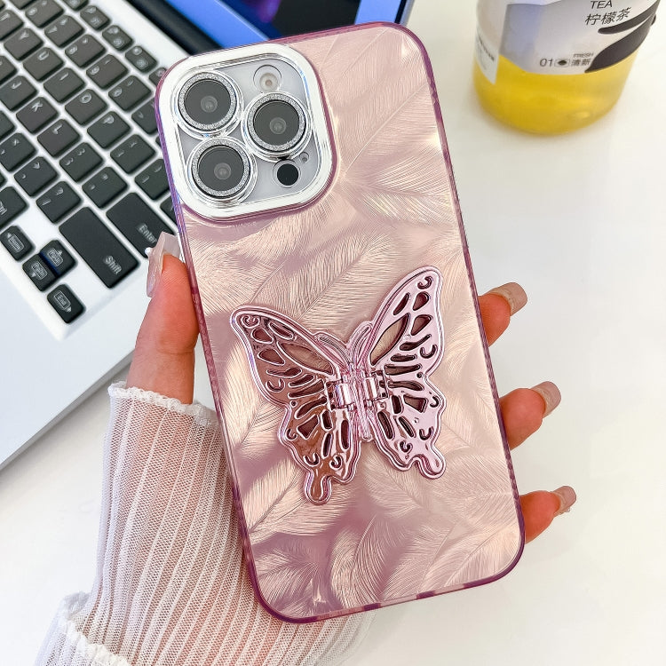 For iPhone 14 Pro Plating Glitter Texture Butterfly Holder TPU Phone Case with Lens Film