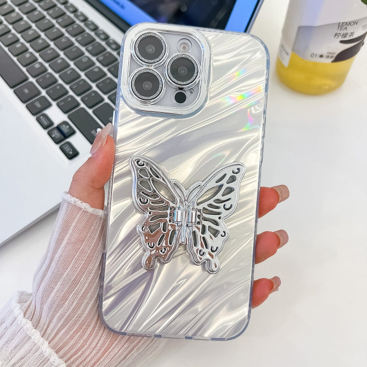 For iPhone 14 Pro Max Plating Glitter Texture Butterfly Holder TPU Phone Case with Lens Film