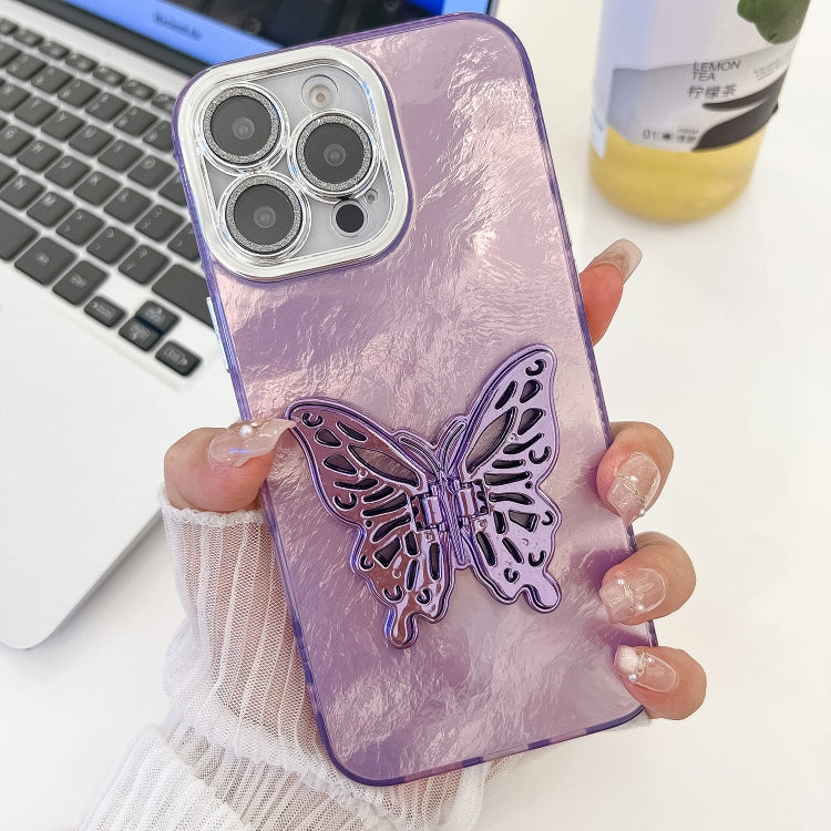 For iPhone 14 Pro Max Plating Glitter Texture Butterfly Holder TPU Phone Case with Lens Film