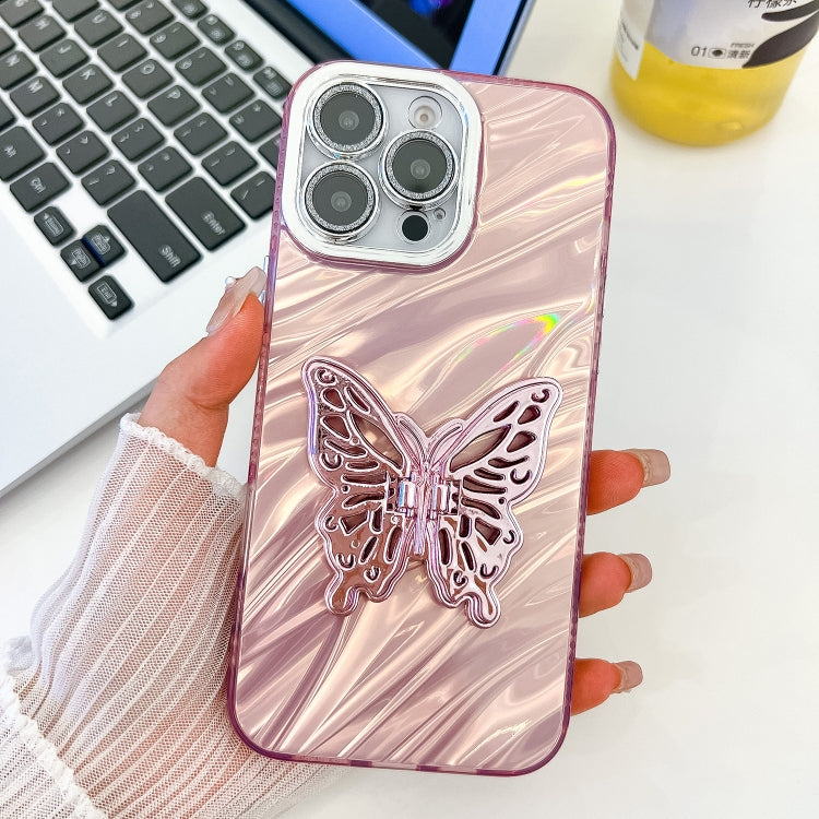 For iPhone 13 Pro Max Plating Glitter Texture Butterfly Holder TPU Phone Case with Lens Film