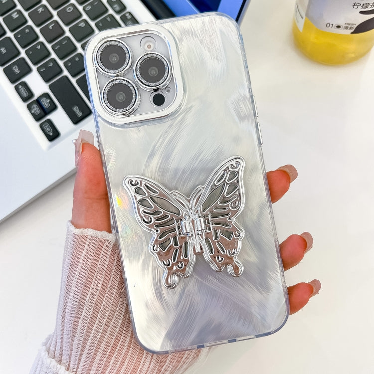 For iPhone 13 Pro Max Plating Glitter Texture Butterfly Holder TPU Phone Case with Lens Film