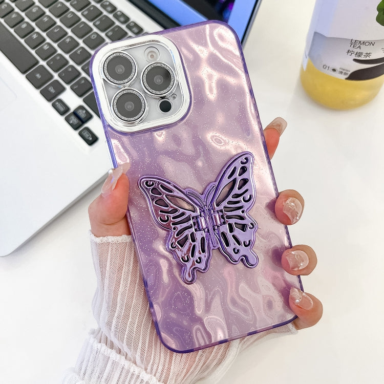 For iPhone 13 Pro Max Plating Glitter Texture Butterfly Holder TPU Phone Case with Lens Film
